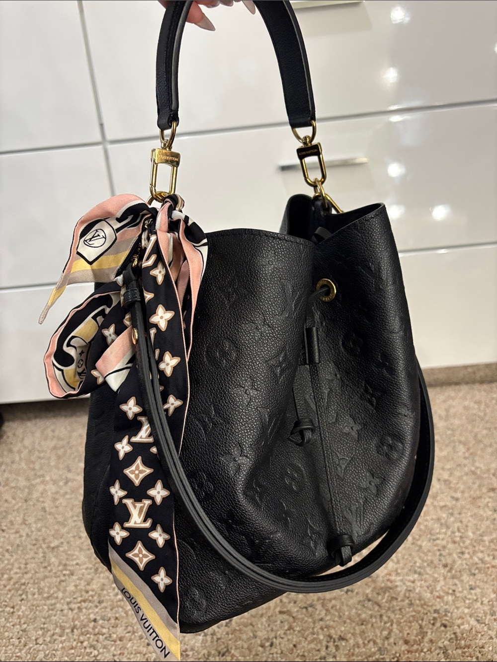 Louis Vuitton Black Embossed Leather Shoulder Bucket Bag with Scarf Accent